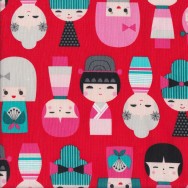 Japanese Kokeshi Dolls on Red Quilting Fabric