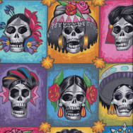 Colourful La Senoras Elegantes Skulls in Rectangles Quilting Fabric 