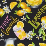 Pink Lemonade on Black Lemons Drink Flowers Quilting Fabric