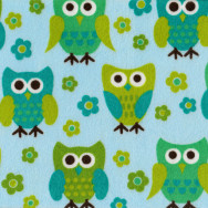 Green Owls and Flowers on Blue Minky Fabric