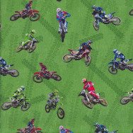 Motocross Maniacs Motorbike Jumps on Green Quilting Fabric