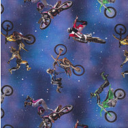 Motocross Motorbike Stunt Jumps on Night Sky Stars Quilting Fabric