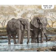 Elephants in Water African Wildlife New Dawn Quilting Fabric Panel 