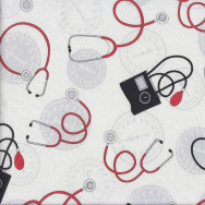 Medical Heartbeat Stethoscope on White Quilting Fabric Remnant 27cm x 112cm
