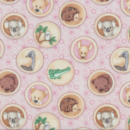 Outback Australian Baby Animals Emu Koala Wombat in Circles on Pink Quilt Fabric