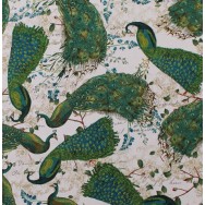 Peacock Arbor on Light Beige LARGE PRINT Peacocks Quilting Fabric By The Metre