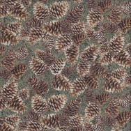 Pine Cones on Green Leaves with Metallic Silver Quilting Fabric