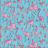 Pink Flamingos on Blue Haute Zahara Palm Trees Quilting Fabric