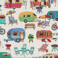 Retro Caravans on Cream BBQ Deck Chairs Quilting Fabric