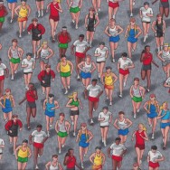 Triathlon People Running on Grey Exercise Runners Sport Quilt Fabric