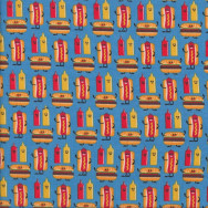 Hamburgers Hotdogs Mustard Ketchup Sauce Bottles on Blue Quilting Fabric