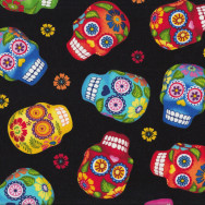 Colourful Sugar Skulls on Black Quilt Fabric