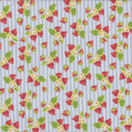 Strawberries and Flowers on Blue White Stripes Tea For Two Quilt Fabric