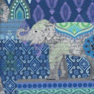 Suzani Caravan Elephants on Blue Purple LARGE PRINT Quilting Fabric