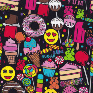 I Want Candy Lollies Ice Cream Lolly Pops on Black Quilting Fabric 