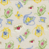 Floral Green Blue Yellow Tea Cups Teapots on Beige Tea For Two Quilt Fabric