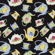 Floral Green Blue Yellow Tea Cups Teapots on Black Tea For Two Quilt Fabric