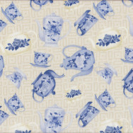 Floral Blue and Cream Tea Cups Teapots on Beige Tea For Two Quilt Fabric