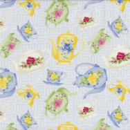 Floral Green Blue Yellow Tea Cups Teapots on Blue Tea For Two Quilt Fabric