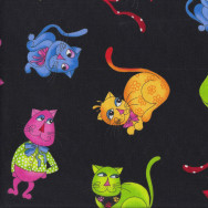 Colourful Tossed Cats on Black Loralie Designs Quilting Fabric