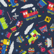 Trains Railroad Crossing Signs on Navy Blue Kids Boys Quilting Fabric