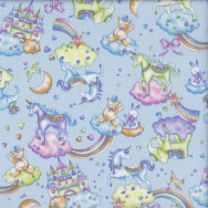 Unicorns Elephants Castles Rainbows on Blue Girls Fabric