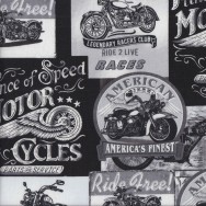 Vintage Black and White Motorbike Signs Motorcycles Boys Quilting Fabric