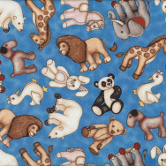 Teddy Bear Rabbit Horse Duck Elephant Toys on Blue Quilt Fabric