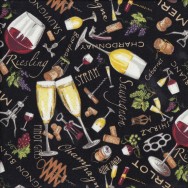 Wine Champagne Grapes Corks on Black Quilting Fabric