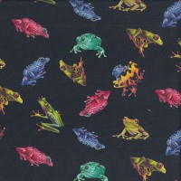 Colourful Frogs on Black Wildlife Animal Quilting Fabric