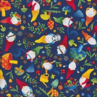 Gnome Worry Be Happy Garden Gnomes on Navy Quilting Fabric