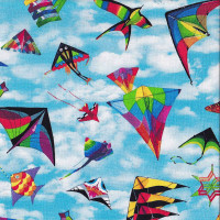 Colourful Kites Blue Sky with Clouds Quilting Fabric