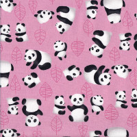 Cute Panda Bears Leaves on Pink Quilting Fabric