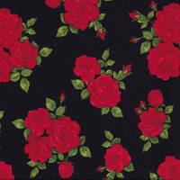 Beautiful Red Roses and Rose Buds on Black Quilting Fabric