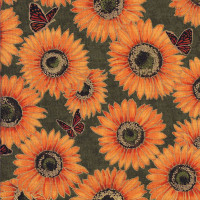 Sunflowers Monarch Butterflies With Metallic Gold on Green Quilting Fabric