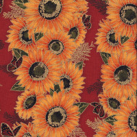 Sunflowers Monarch Butterflies With Metallic Gold on Rusty Brown Quilting Fabric