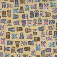 Pretty Floral Thimbles on Tan Sewing Quilting Fabric