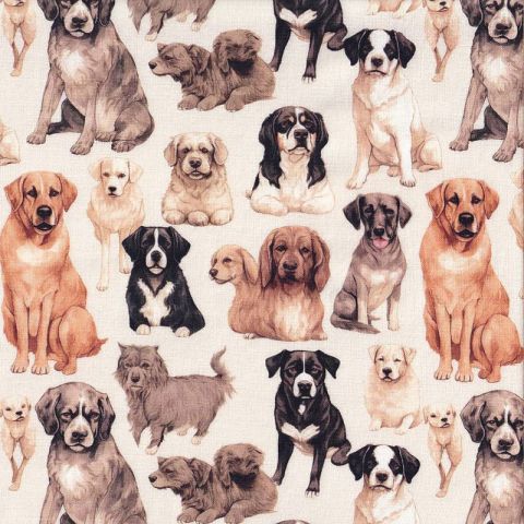 Assorted Dog Breeds on Cream Puppies Pet Quilting Fabric