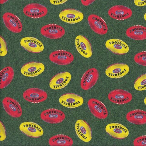 Aussie Australian Rules Footballs on Green Grass Mens Sport Quilting Fabric