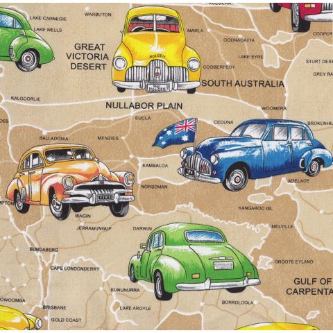 Holden Cars on Beige Australian Map Boys Mens Quilt Fabric