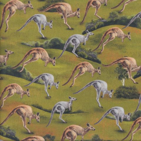 Australian Grey Brown Jumping Kangaroos Wildlife Valley Quilting Fabric