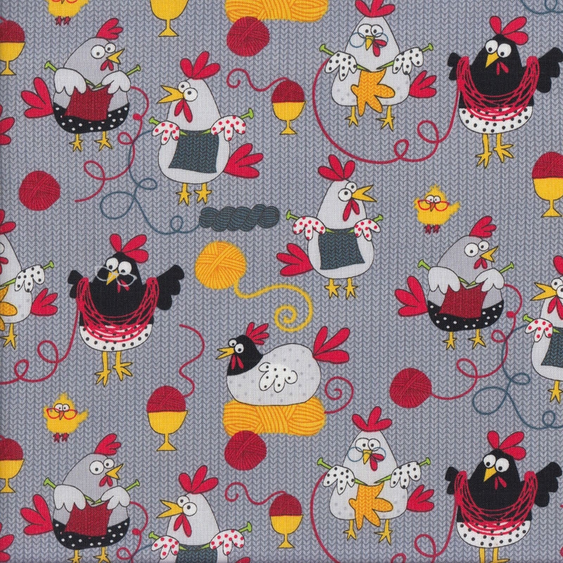 Comical Chickens Chooks Hens Knitting on Grey Quilting Fabric - Find a ...